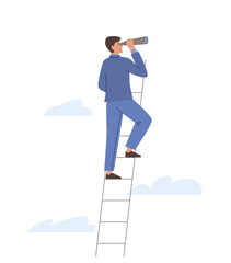 Businessman stands on stairs holding telescope looking for new business ideas, goals, investing, team, opportunities for career