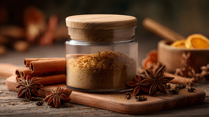 Spice Delight Cinnamon, Star Anise, and Ground Spices in a Rustic Kitchen Setting, Perfect for Culinary Creativity
