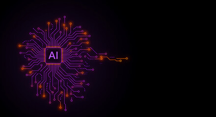 Fototapeta premium Abstract AI microchip with vibrant purple and orange circuit lines on a dark background, symbolizing artificial intelligence, data processing, or a smart computing system.
