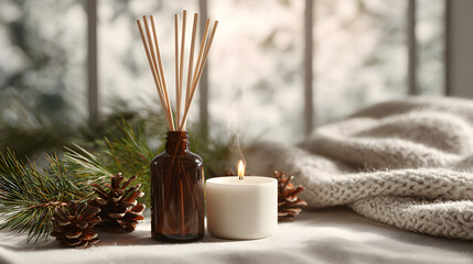 Winter Warmth Cozy Candlelight and Pine Scents in a Snowy Scene
