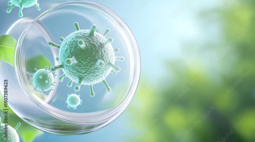 Poster a close-up view of a virus in a petri dish showcasing intricate details and scientific study of path