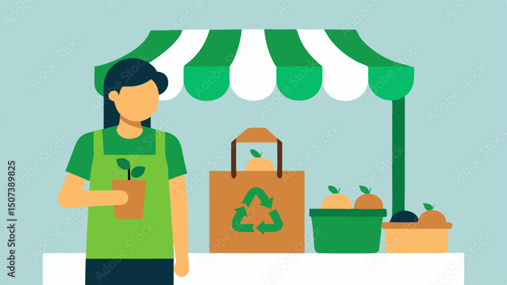 Poster ecofriendly market a shopper with a large reusable tote standing in front of a market stall displayi