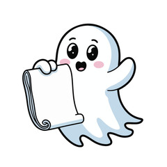 Ghostly Decree: A friendly cartoon ghost, with big eyes, holds a blank scroll, ready to share some spectral knowledge or announcement. The image evokes a sense of playful eeriness.