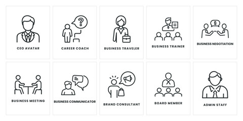 Set of 10 Business People Line Icons – CEO, Admin Staff, Career Coach, Consultant, Meeting, Negotiation, Trainer, Traveller, Communicator, Board Member – Editable Vector Illustration
