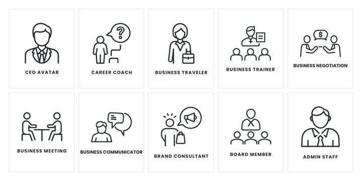 Set of 10 Business People Line Icons &ndash; CEO, Admin Staff, Career Coach, Consultant, Meeting, Negotiation, Trainer, Traveller, Communicator, Board Member &ndash; Editable Vector Illustration