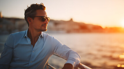 Man enjoying a sunset view from a boat, wearing sunglasses, relaxed and happy, outdoors