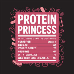 Editable Vector T-shirt Design – “Muscle Queen” Funny Gym Parody with Fake Nutrition Label and Fitness Icons