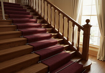 Wooden staircase with red carpet and natural light from the window.