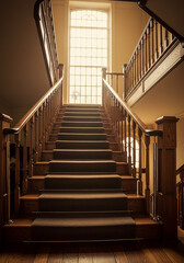 Obraz premium Wooden staircase with a large window at the top of the stairs.