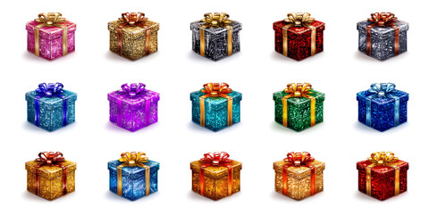 Collection of Christmas Elements, Gift Box, Snowman, Bells, Gnome, and Christmas Trees.