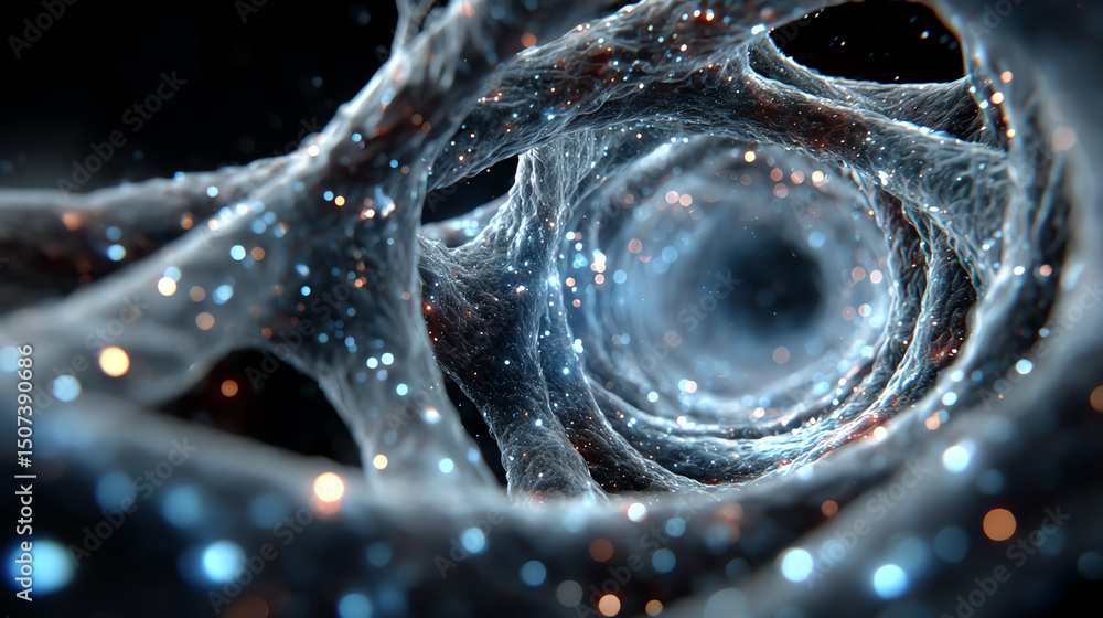 Poster A mesmerizing view of a digital neural network, showcasing vibrant particles and intricate connections in a surreal cosmic setting.
