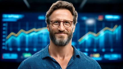 Confident middle-aged man with glasses smiling in front of financial data background