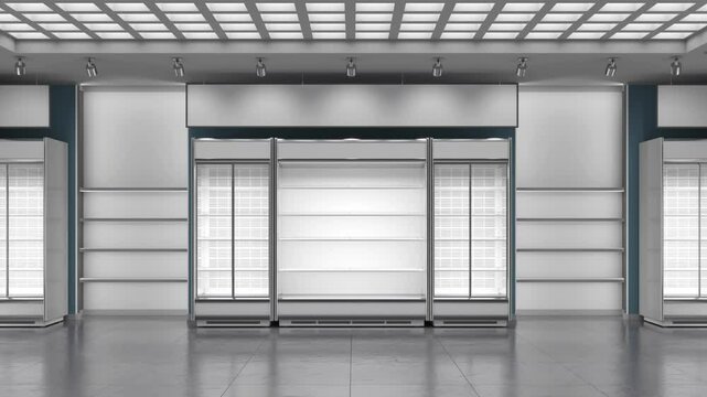 Shop interior with commercial refrigerators, empty shelving, white niches with shelves, hanging banners. Sliding movement. 3d animation