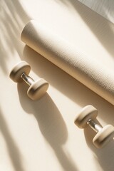 Cozy workout space featuring soft colors and natural light with a yoga mat and dumbbells ready for exercise