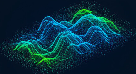 Fototapeta premium Abstract green and blue glowing sound waves or data visualization on a digital grid, representing complex information flow or futuristic analytics.