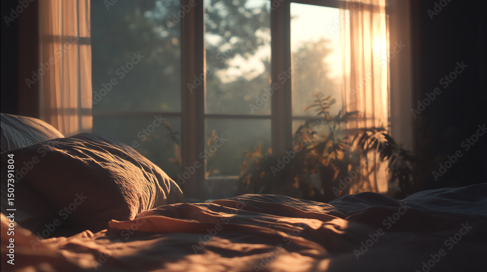 Aufkleber a serene morning scene featuring soft bed linens and gentle sunlight streaming through a window, cre