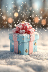 Festive Winter Scene: Snowfall on Christmas Tree with Blue Gift Box and Pink Ribbon, 3D Illustration