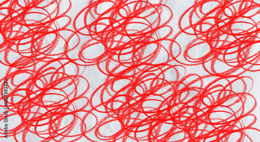 Poster energetic red crayon scribbles on white paper creating a dynamic and playful texture for artistic ba