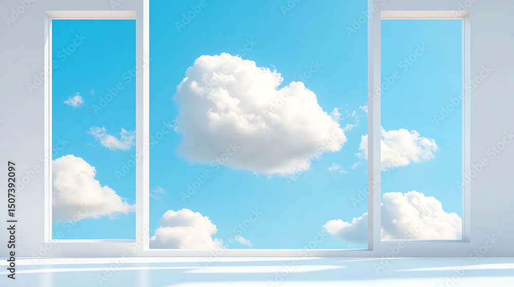 Poster A serene view of a bright blue sky with fluffy clouds framed by modern windows, creating a calming atmosphere indoors.