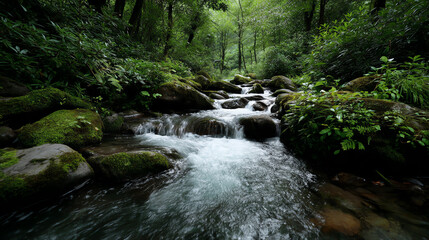 Obraz premium A serene stream flows through lush greenery, showcasing the beauty of nature and the tranquility of a forest setting.