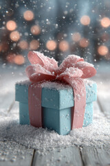 Epic 3D Holiday Scene - Blue Present with Pink Bow Under Snow-Covered Christmas Tree