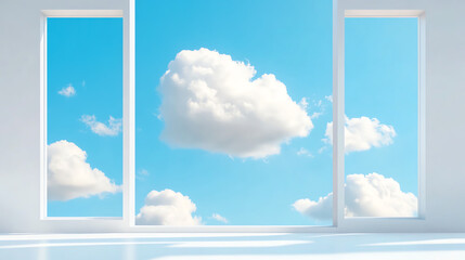 A serene view of a bright blue sky with fluffy clouds framed by modern windows, creating a calming atmosphere indoors.