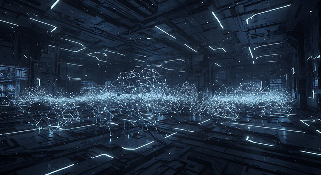 Vast futuristic data center or server room with glowing blue network activity and abstract data clusters, symbolizing big data, cloud computing, or advanced technology infrastructure. - Powered by Adobe