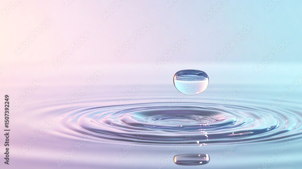 Aufkleber a serene water droplet creating ripples on a calm surface, reflecting soft colors and tranquility, e