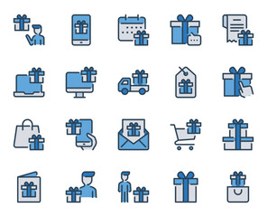 Filled blue outline icons set for Surprise gifts