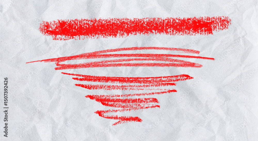 Poster red crayon strokes on crumpled white paper creating a bold and textured background for artistic proj