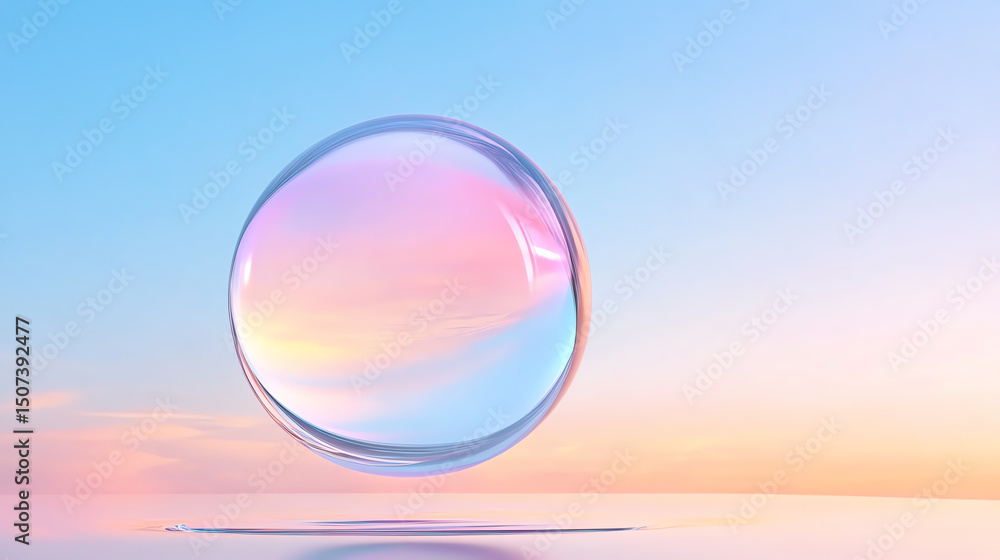Poster a stunning bubble floating in a pastel sky, reflecting soft colors in a serene atmosphere, symbolizi