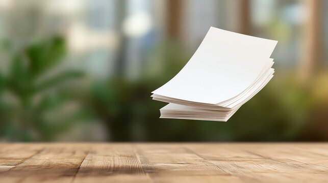 A stack of blank papers floating above a wooden table, ideal for business presentations or creative projects.