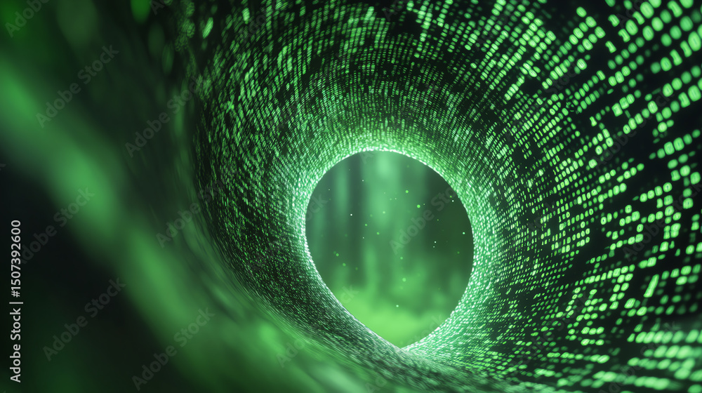 Fototapete A stunning digital tunnel of green binary code, symbolizing data flow and the future of technology and connectivity.