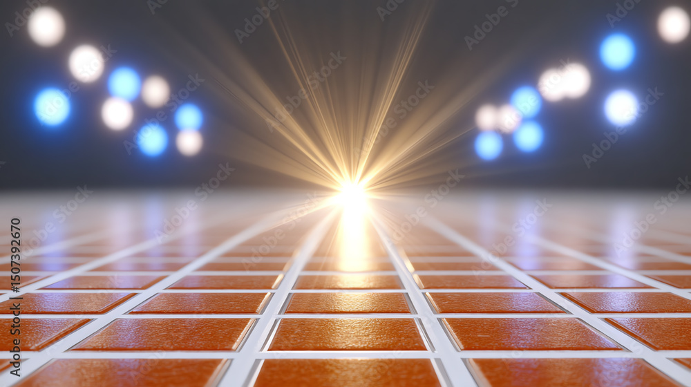 Poster a stunning perspective of glowing tiles leading towards a bright light, creating an artistic and cap
