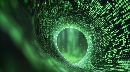 A stunning digital tunnel of green binary code, symbolizing data flow and the future of technology and connectivity.