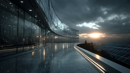 Fototapeta premium A stunning modern architectural design showcases sleek curves and reflective surfaces against a dramatic sunset and cloudy sky.