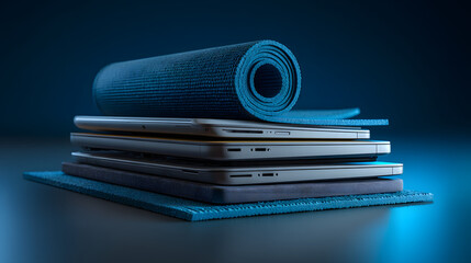 A stack of electronic devices with a rolled-up yoga mat on top, bathed in blue light
