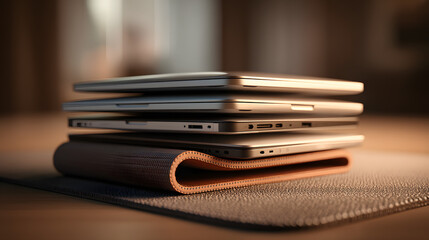 Stack of Laptops and a Leather Sleeve on a Desk, Representing Technology and Productivity