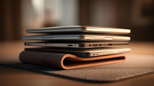 Stack of Laptops and a Leather Sleeve on a Desk, Representing Technology and Productivity