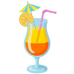 Tropical summer cocktail in glass with straw and juicy orange slice. Cartoon vector illustration on white background.