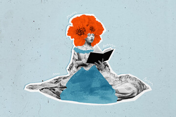 Creative artwork 3D collage of young lady student sit down read book elegance accessory...