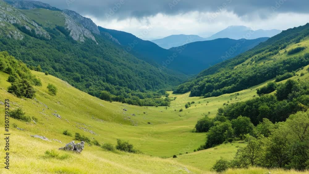 Poster A scenic view of a valley with mountains in the background, suitable for use as a backdrop or to represent nature