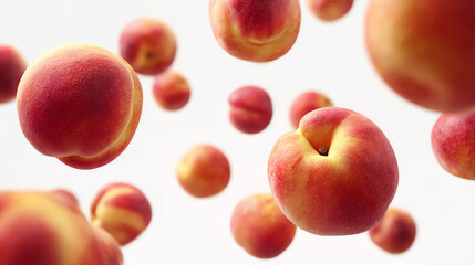 A vibrant collection of fresh peaches floating in mid-air, showcasing their rich colors and juiciness.