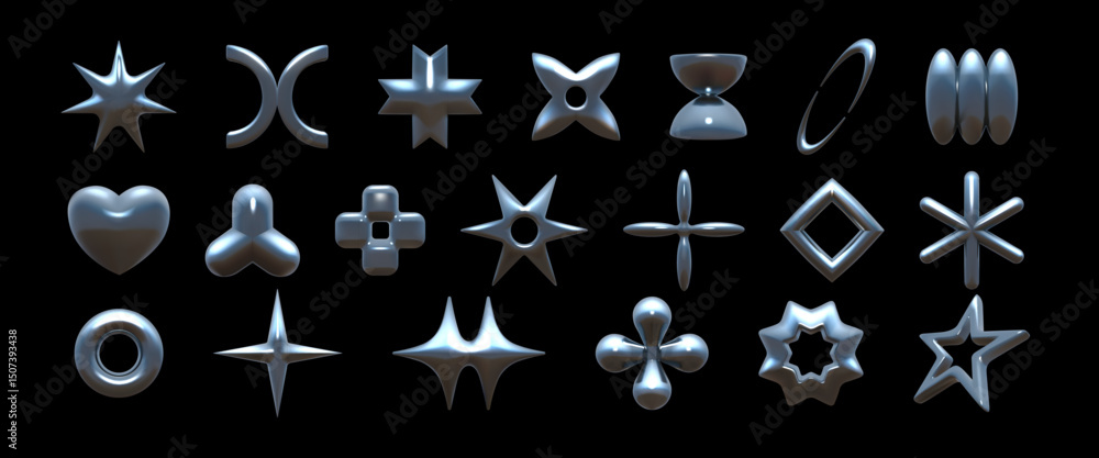 Poster 3d chrome elements. metal y2k heart, flower and geometric elements, abstract silver star or liquid s