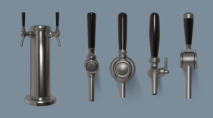 Bar tap. Beer handle equipment. 3D alcohol pump. Machine faucet. Liquid vending appliance. Realistic steel stainless crane with valve. Brewery wooden barrel. Vector isolated mockups set