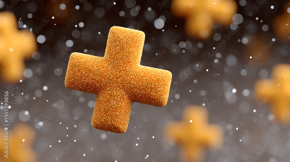 Fototapete a visually striking close-up of golden plus signs floating against a blurred background, creating a 