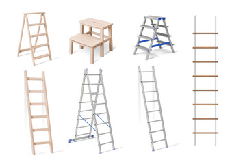 3D ladder. Rope stair. Wood stepladder for wall work or metal step construction. Wooden portable or high domestic staircase steps. Building renovation. Vector isolated realistic rungs set