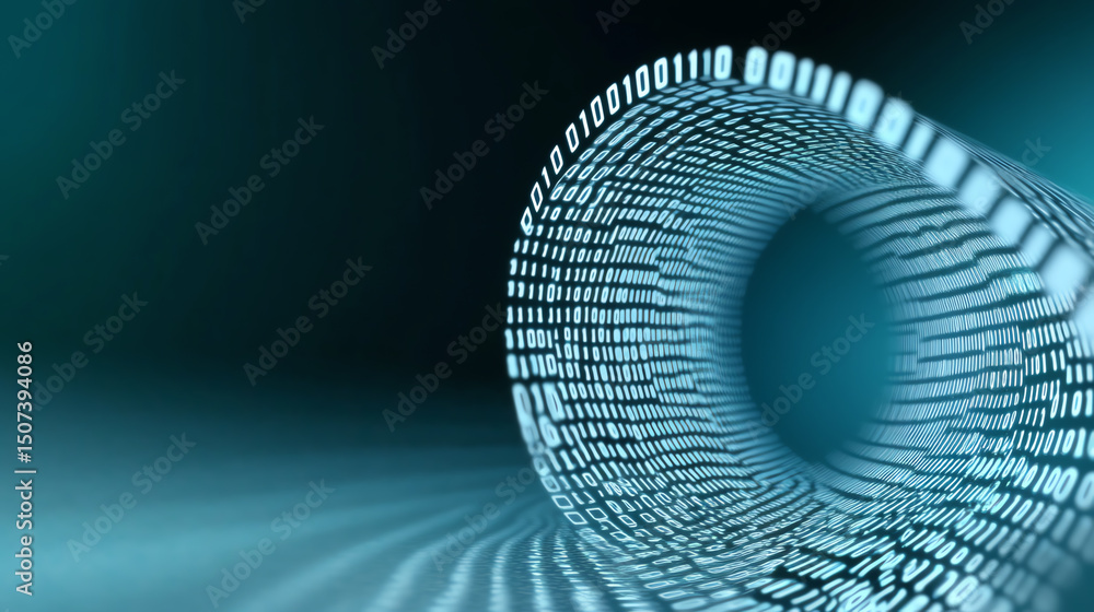 Poster abstract digital tunnel filled with binary code symbols, representing data flow and technological ad