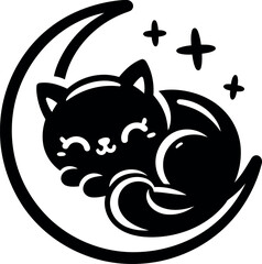 Sleeping Black Cat on Crescent Moon with Stars