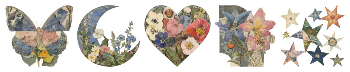 PNG Floral illustration with butterfly, moon, heart, stars Flowers  collage element set on transparent background.